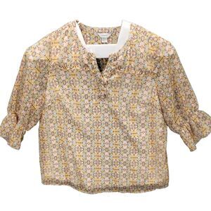 cjbanks Top Womens 2X 3/4 Ruffle Sleeve V Neck Lined Yellow Mint Green Chiffon